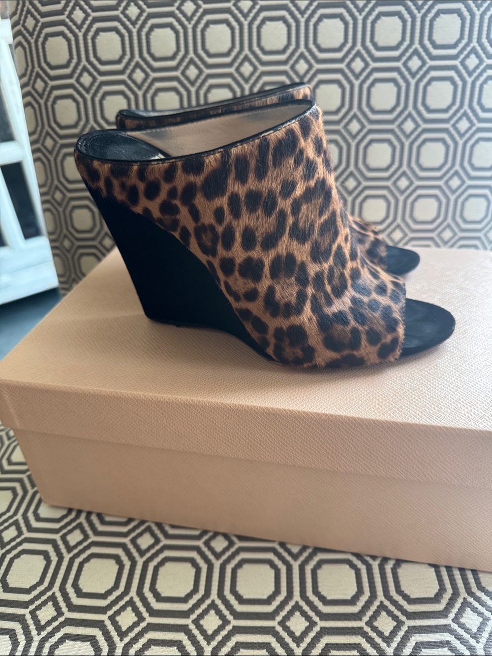 Prada Leopard Print Open-Toe Wedge Mule in Black and Brown